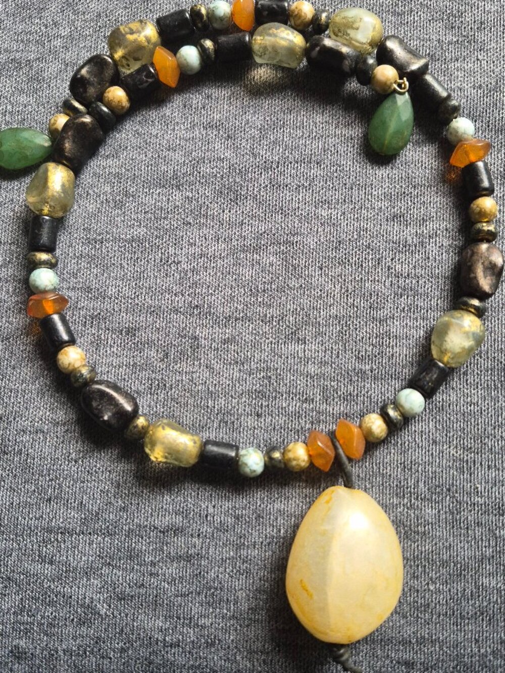 Boho-style Beaded Collar Wire Necklace large yellow teardrop pendant & Stones